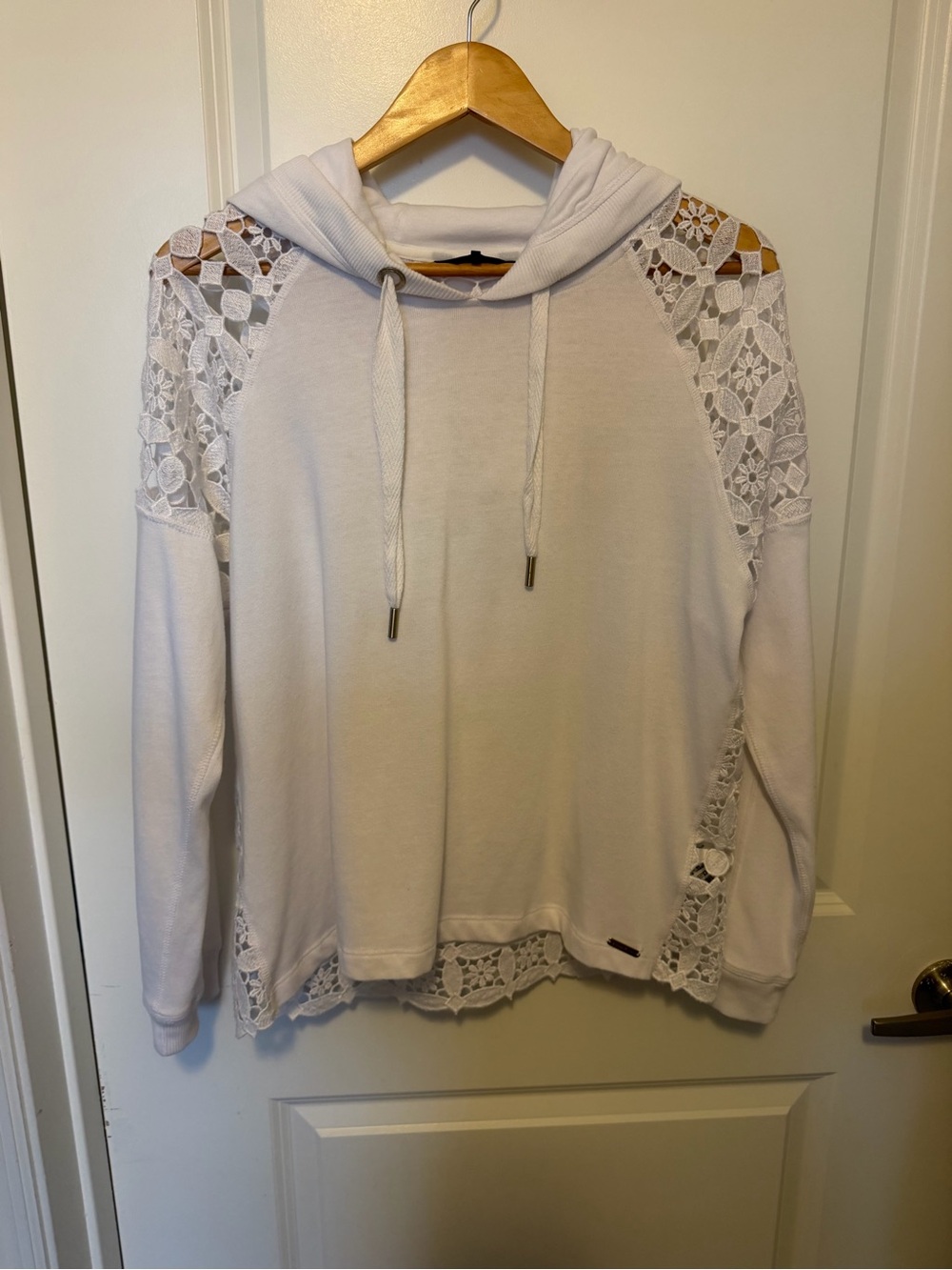 Donna Karan White Lace-Trim Hooded Sweatshirt - Picture 1 of 4